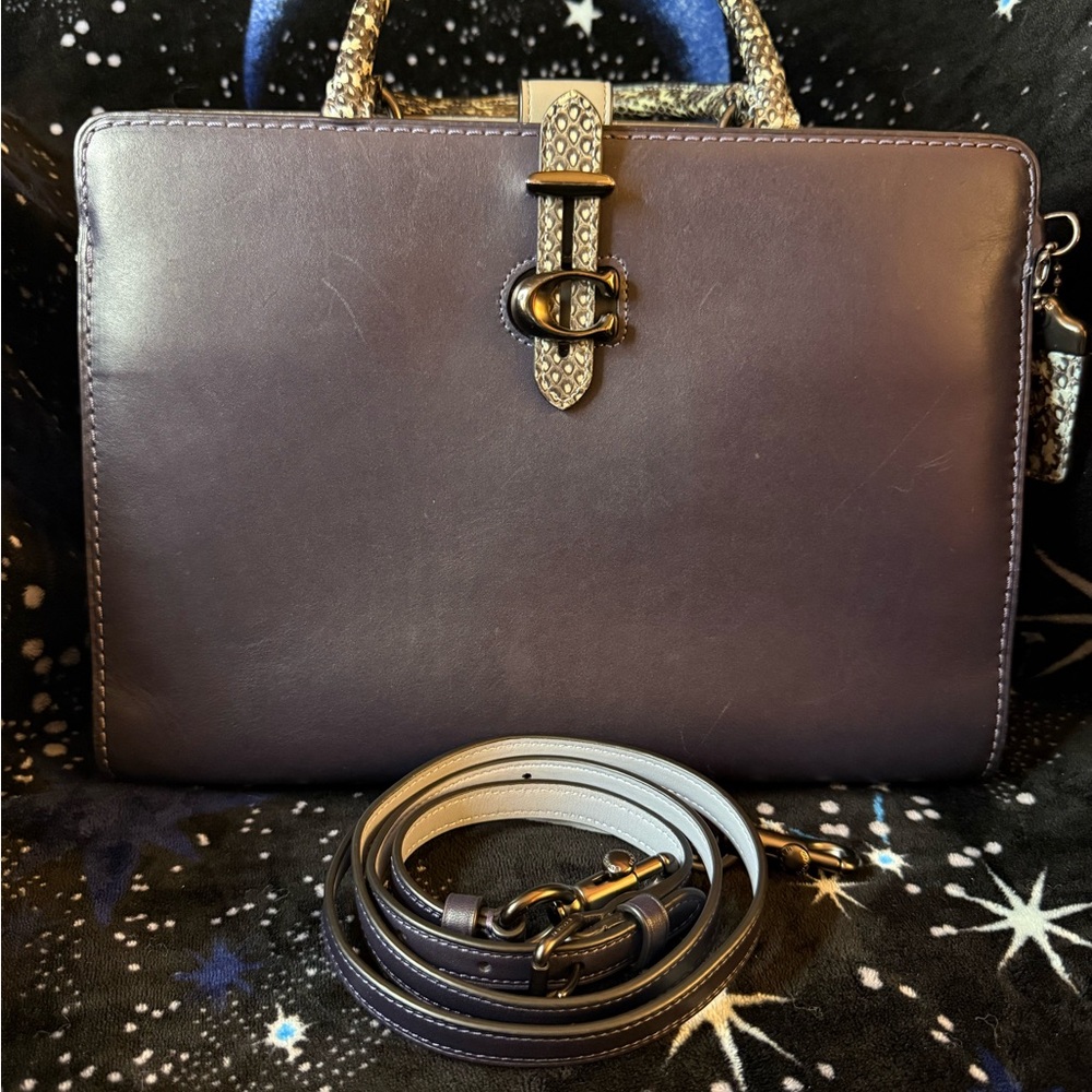Coach Pewter Top Handle Bag with Animal Print Accents & Detachable Strap